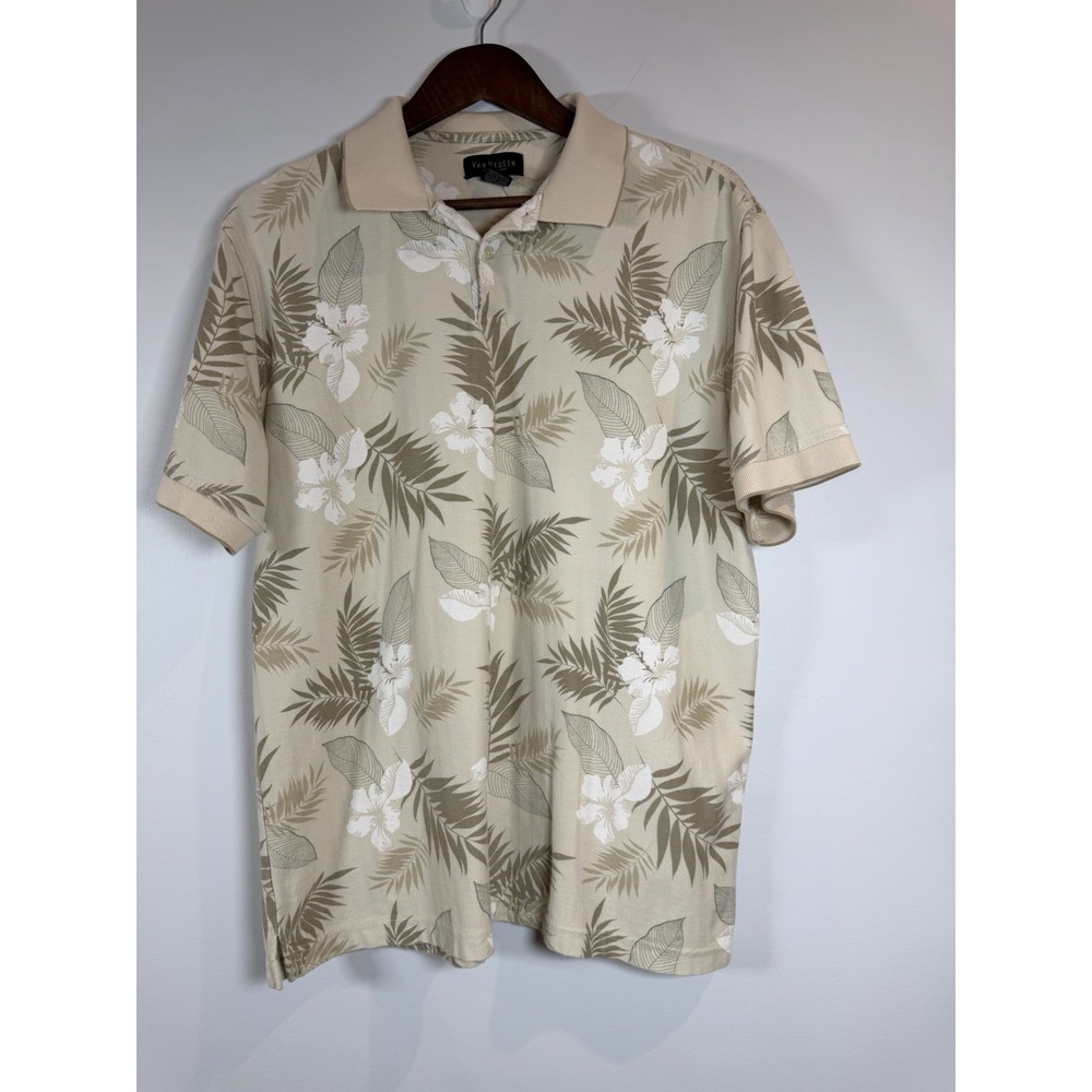 VAN HEUSEN Hawaiian Style Short Sleeve Polo Shirt Beige Size L